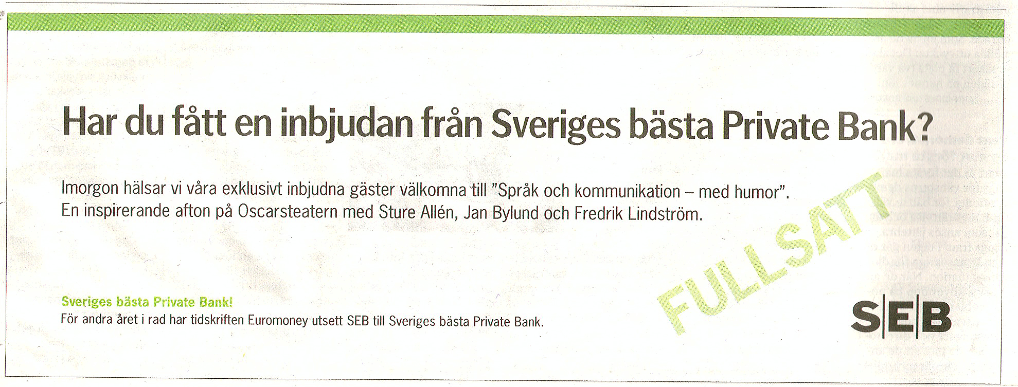 Annons för SEB - Sveriges bästa Private Bank